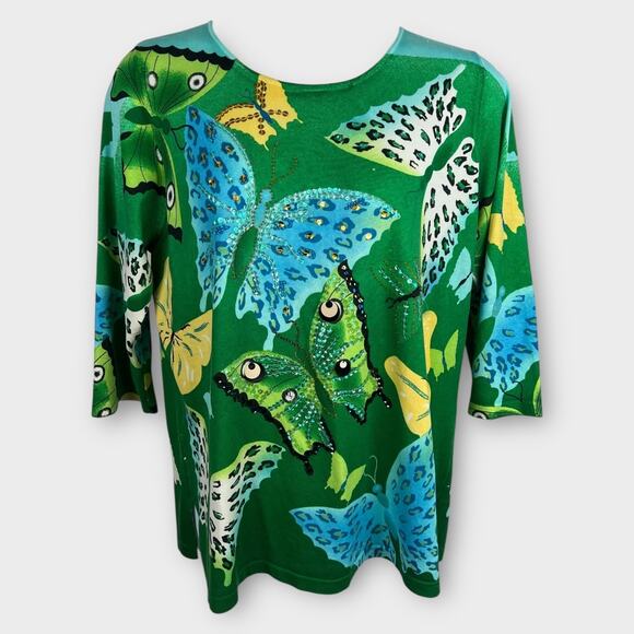 Lucia Burns Vintage Green Butterfly Print Sequin Beaded Silk Blend Sweater 2X - Picture 1 of 8